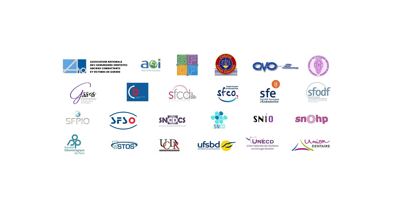 Logos des 24 associations dentaires membres de l'ADF en avril 2022