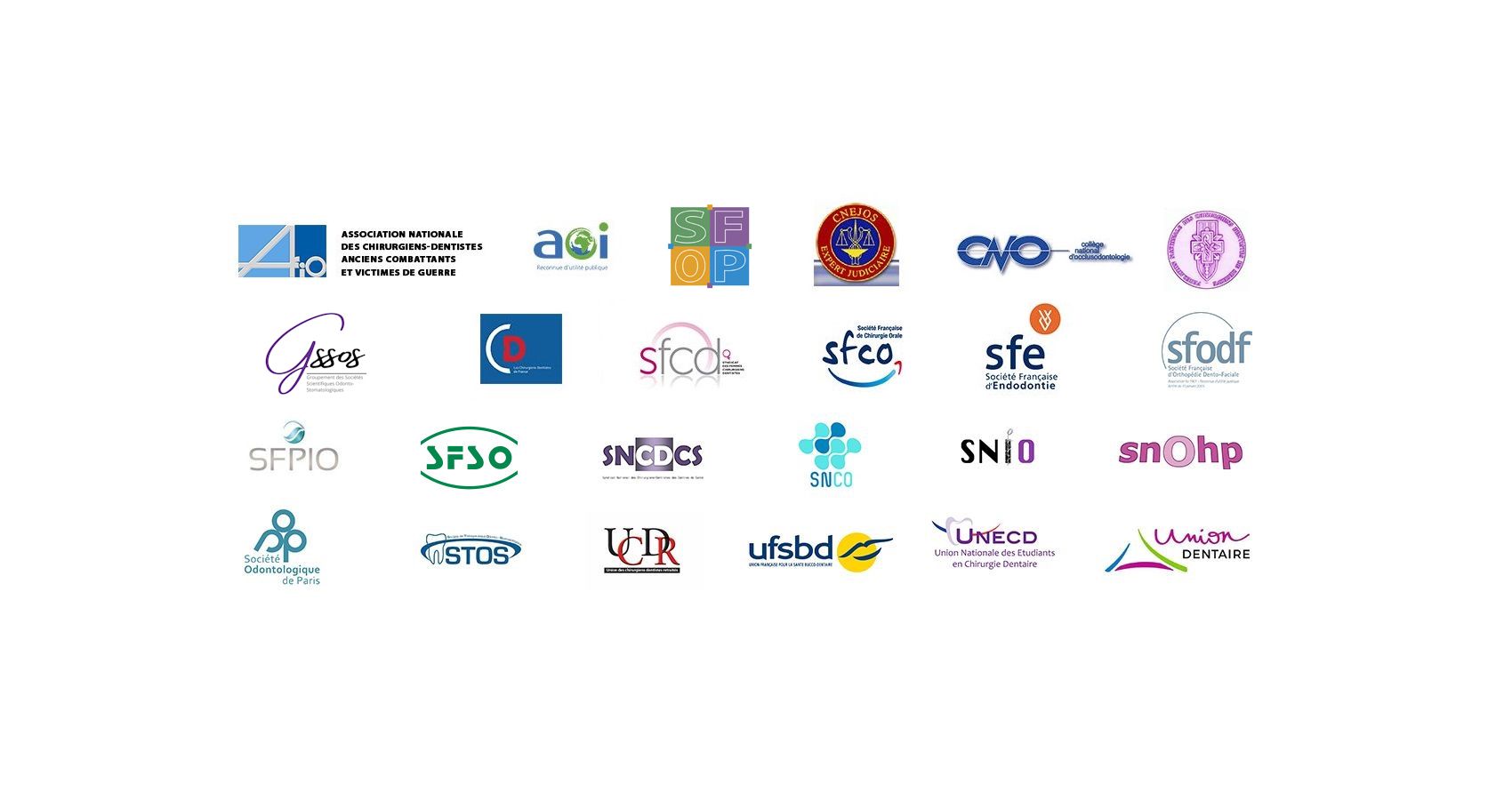 Logos des 24 associations dentaires membres de l'ADF en avril 2022