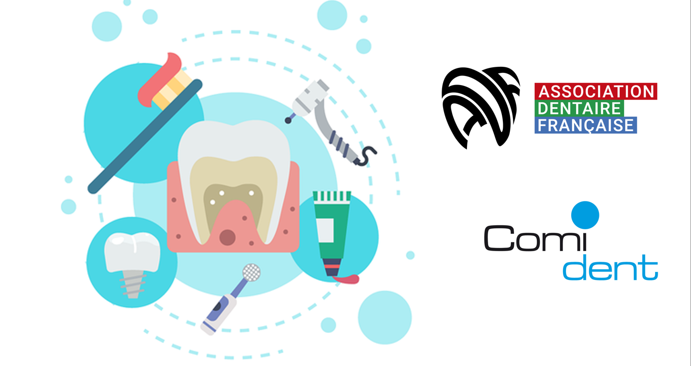 Les logos de l'ADF et du Comident cotoient un visuel représentant les soins bucco-dentaires : fraise, brosse à dent, prothèse dentaire, dentitrice, dent en coupe dans la gencive ...